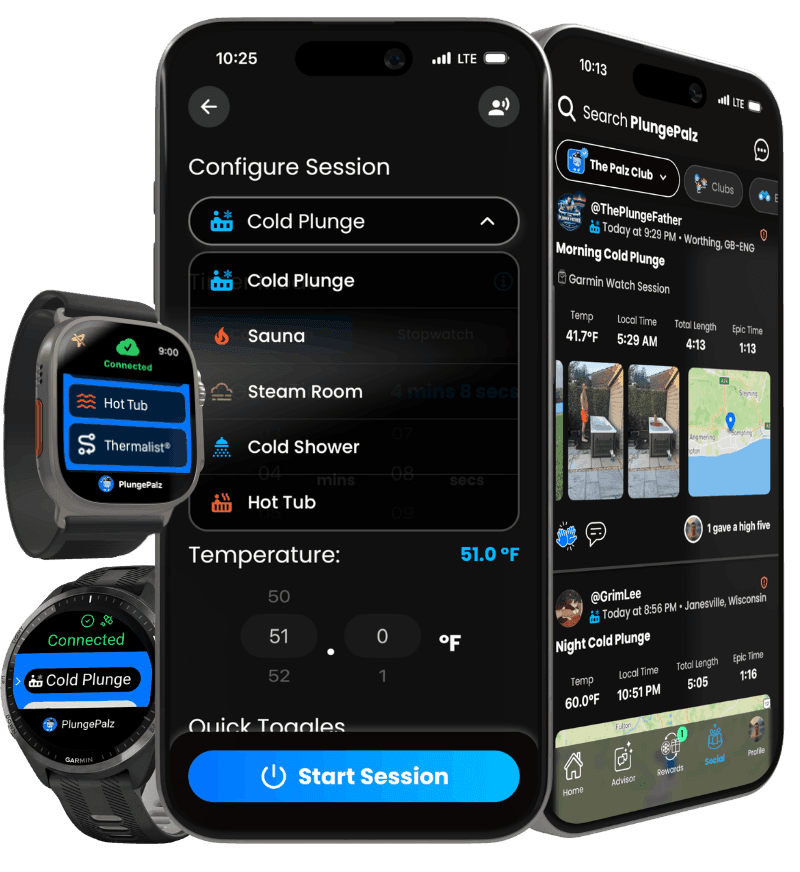 PlungePalz app on iPhone and Apple Watch and Garmin watch